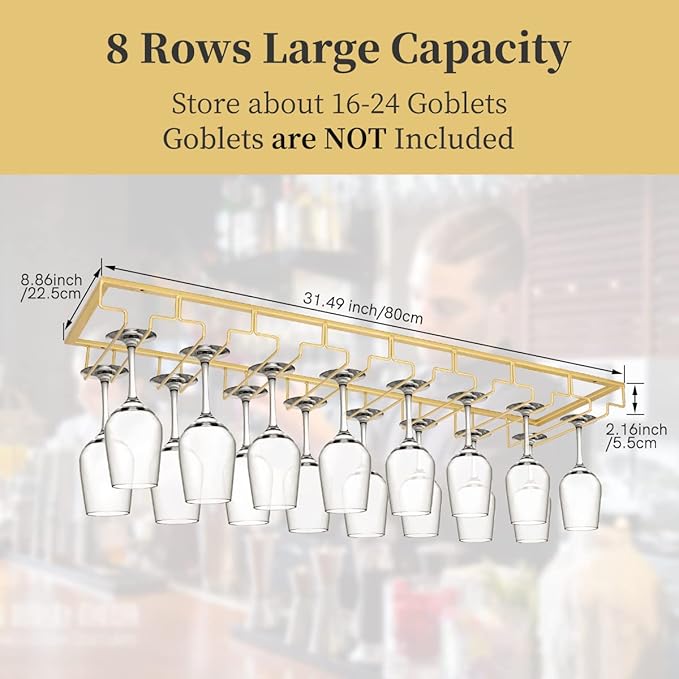 Xverycan Wine Glass Rack Under Cabinet, 8 Row Extreme Large Stemware Hanger, Metal Wine Goblet Holder, DIY Bar Glass Storage Rack for Bar Counter, Kitchen, Screws Included (Gold)-Ruum Studio Home