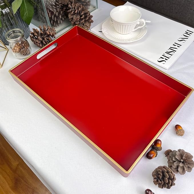 Red Decorative Tray, Rectangular Serving Tray with Handles, Plastic Coffee Table Tray for Ottoman, Living Room, Kitchen Tabletop, 15.6” x 10.2” x1.37”-Ruum Studio Home