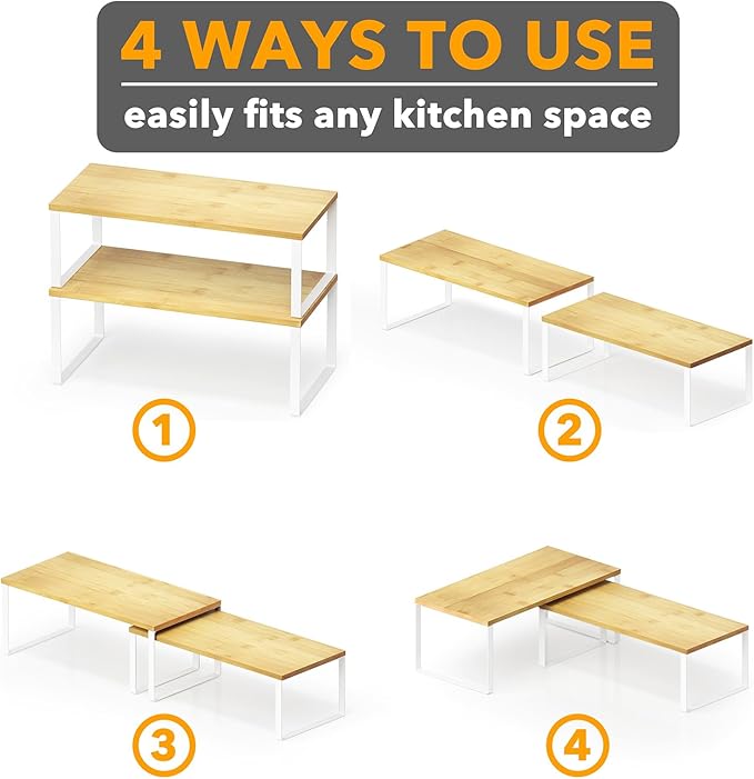 SpaceAid Cabinet Shelf Organizers 2 Pack, Kitchen Counter Rack Shelves Riser, Stackable Expandable Spice Rack, Pantry Cupboard Storage Organization (White and Natural, Long)-Ruum Studio Home
