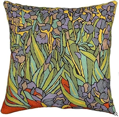 Van Gogh Irises Pillow Cover Green Floral Pillowcase Needlepoint Flower Chair Cushion Accent Botanical Flowery Outdoor Cushions Plant Hand Embroidered Wool Size 18x18-Ruum Studio Home