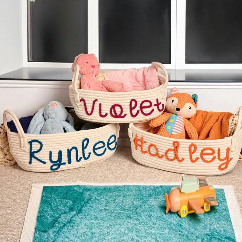 Personalized Baby Name Basket, Custom Woven Baby Shower Gift Basket with Cotton Rope Handle Baby Diaper Nursery Shelf Storage Basket Bin for Kids' Bedroom (Style 3)-Ruum Studio Home