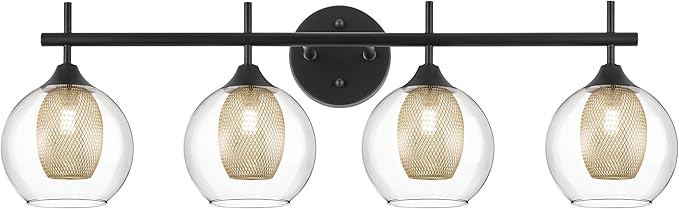 Bathroom Light Fixtures, 4-Light Black and Gold Vanity Lights Over Mirror, 30inch Farmhouse Wall Sconce Lighting with Clear Glass and Honeycomb Metal Shade, AD-22001-4W-BK-Ruum Studio Home