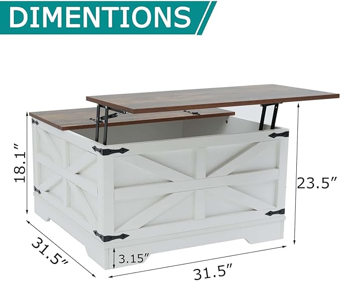 Coffee Table with Storage, Rustic White Square Coffee Tables for Living Room, Lift top Coffee Table with Large Hidden Compartment, Smart Cocktail Tables with Flip Top Lids for Home Office-Ruum Studio Home