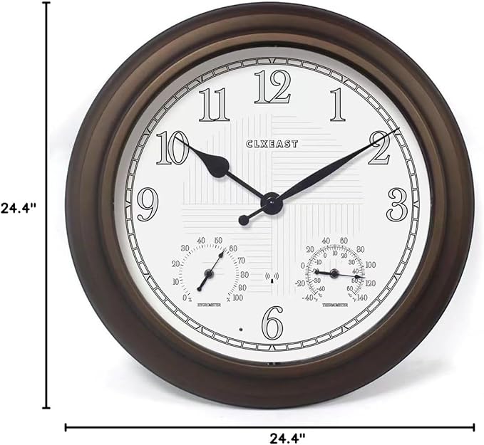 CLXEAST 24 Inch Illuminated in/Outdoor Lighted Atomic Analog Wall Clock with Thermometer & Hygrometer, Oversized Large Waterproof Wall Clocks for Living Room Decor,Bronze Finish-Ruum Studio Home