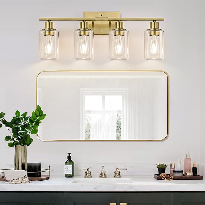 4 Light Bathroom Light Fixtures, Brass Vanity Lights for Bathroom with Clear Glass Shades, Modern Bathroom Wall Sconces for Mirror Living Room Cabinet-Ruum Studio Home