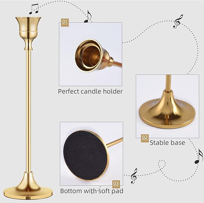 Vintage Gold Brass Taper Candle Holders for Candlesticks, Fireplace & Party - Set of 3-Ruum Studio Home