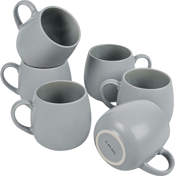Ceramic Coffee Mugs Set of 6, 14oz - Modern Scandinavian Aesthetic - Microwavable Stoneware Coffee Cups with Comfortable Handle - Tea Mug Set for Latte, Cappuccino, Soup - Pale Blue Mist-Ruum Studio Home