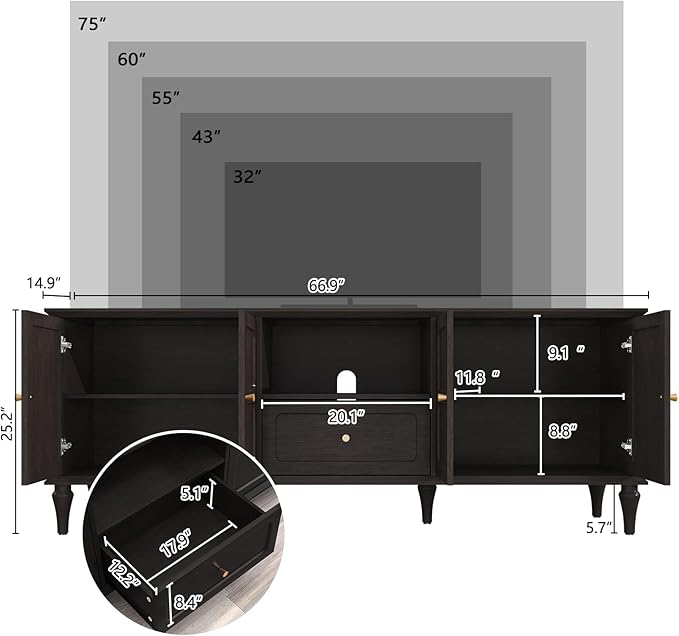 ARTPOWER 67'' Mid-Century Modern TV Stand with Storage Drawer and Doors, Long TV Stand with Adjustable Shelves for 75 Inch TV for Living Room, Bedroom, Black-Ruum Studio Home