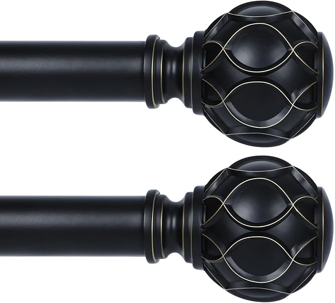 Black Adjustable Curtain Rods for Windows:Farmhouse Heavy Duty Curtain Rod for Bedroom Living Room,Boho Decorative Rustic Drapery Rods with Vintage Coastal Finials,Matte Black 2 Pack 36-88"-Ruum Studio Home
