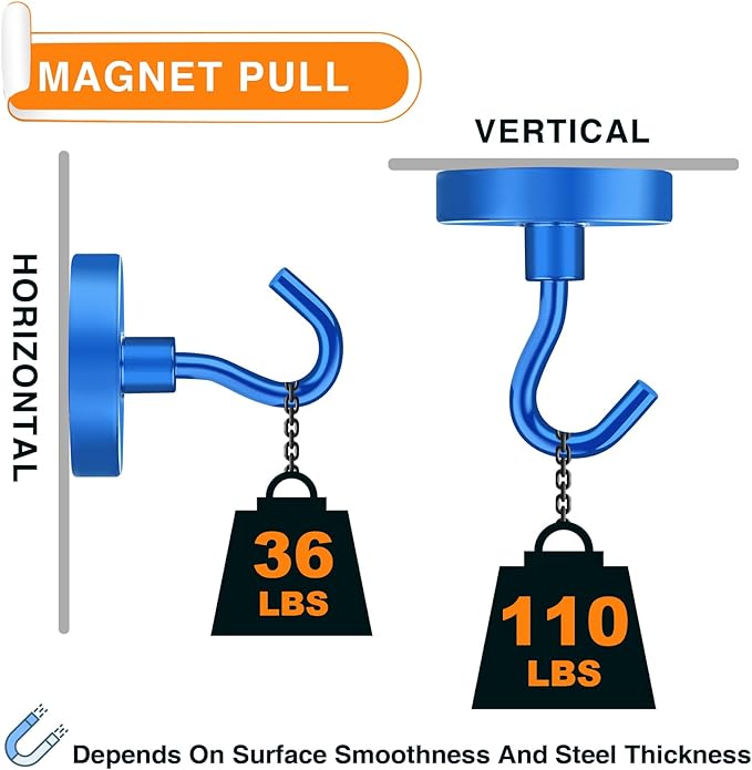 MIKEDE Strong Magnetic Hooks, 110Lbs Heavy Duty Magnetic Hooks for Cruise, Neodymium Earth Magnets with Hooks for Hanging, Super Metal Industrial Magnets for Grill, Storage (Blue,10 Pack)-Ruum Studio Home