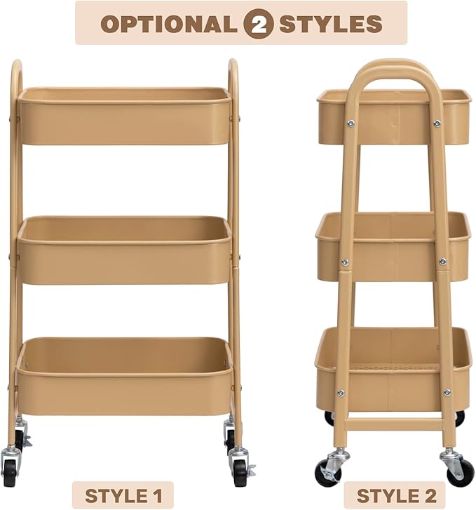 AGTEK Makeup Cart, Movable Rolling Organizer Cart, 3 Tier Metal Utility Cart with Lockable Wheels for Home & Office, Golden-Ruum Studio Home