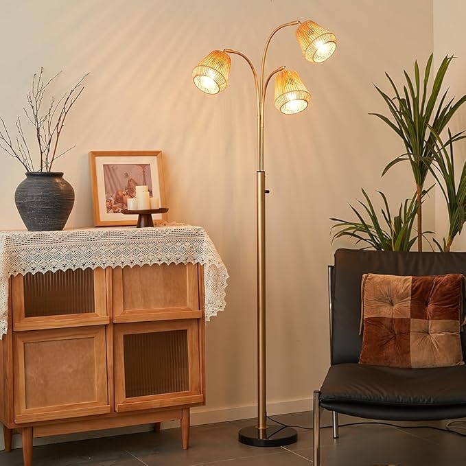 Gold Rattan Floor Lamp for Living Room, 72 Inch Tall Boho Floor Lamp with Rotary Switch, 3 Lights Arc Lamp with Wicker Shade for Coastal,Bohemian,Modern,Tree Farmhouse Standing Lamp-Ruum Studio Home