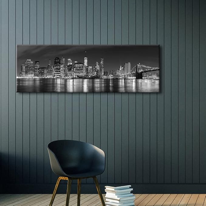 Wieco Art New York Manhattan Night View in Black and White Giclee Canvas Prints Modern Stretched and Framed Art work Cityscape Pictures Paintings on Canvas Wall Art for Bedroom Home Decorations-Ruum Studio Home