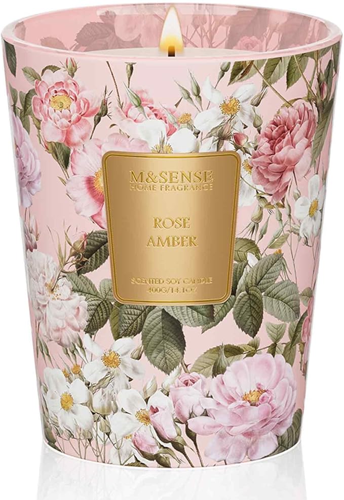 M&SENSE Rose Amber Scented Natural Soy Wax Candle, 14.1oz 60 Hours Long Lasting Slow Burning Candles for Home Decor, Aromatherapy Candle for Stress Relief-Ruum Studio Home