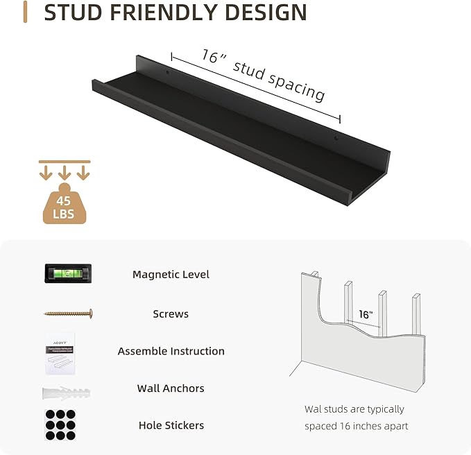 Picture Ledge Shelf, Wood Floating Shelves Set of 4, 24 inch Picture Ledge Shelves, Photo Ledge Nursery Book Shelves Wall Mounted for Living Room Kids' Room Bedroom, Color Black-Ruum Studio Home