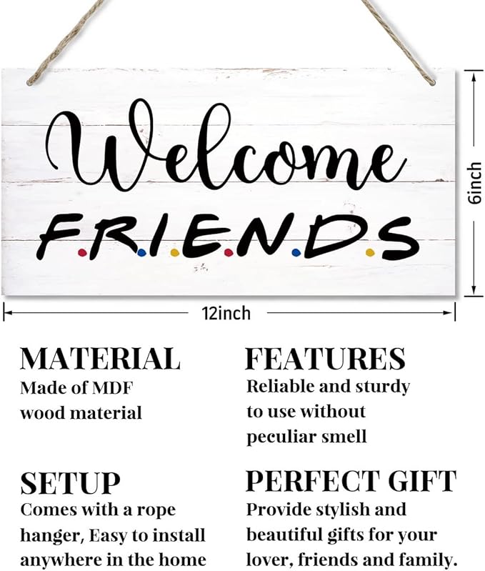 Welcome Friends Decor Sign, Hanging Wood Sign Home Decorative, Printed Wood Wall Art Sign, Friends Welcome Sign, Front Door Wall Decor, Welcome Friends Door Sign Porch Decor 12 * 6inch-Ruum Studio Home