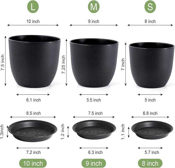 10/9/8 inch Medium Plant Pots, 3 Pack Modern Decorative Plastic Planters with Drainage Holes and Saucers, Flower Pots for Indoor Outdoor Plants, Black-Ruum Studio Home