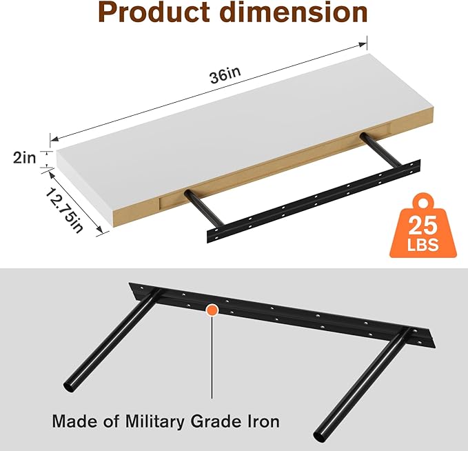 Large Floating Shelves for Wall Set of 2 Wooden Wall Shelves 36 in x 12.75 in x 2 in Room Decor Long Shelf with Invisible Wall Mount Bracket for Bedroom Kitchen Living Room White-Ruum Studio Home