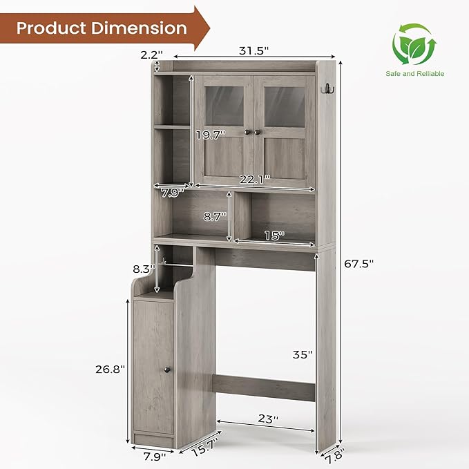 Itaar Over The Toilet Storage Cabinet, Over Toilet Bathroom Organizer with Glass Doors & Toilet Paper Holder Stand, Home Space-Saving Toilet Rack, for Bathroom, Restroom, Laundry, Grey-Ruum Studio Home