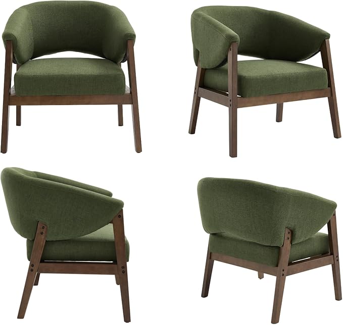 Mid-Century Modern Accent Chairs Set of 2, Comfy Barrel Armchairs with Wide Seat, Upholstered Lounge Chairs with Walnut Wood Legs for Living Room/Bedroom/Reading Corner, Linen Fabric, Deep Green-Ruum Studio Home