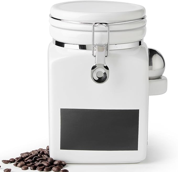 Ceramic Coffee Canister with Airtight Lid and Scoop, Large 78 Fl Oz / 2.3 L Kitchen Food Storage Container Jar for Grounds Coffee, Beans, Tea, Sugar, Flour, Cereal, Nuts, Cookie, White-Ruum Studio Home
