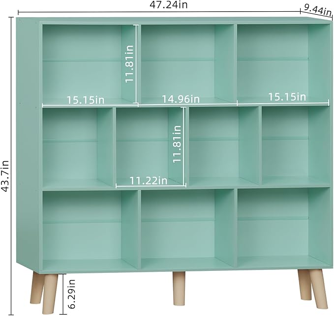 LEYAOYAO 10 Cube Bookshelf,3 Tier Modern Wide Bookcase with Legs,Mid-Century Wood Bookshelves Storage,Mint-Green Large Book Case,Freestanding Organizer Display Shelf for Bedroom,Living Room,Office-Ruum Studio Home
