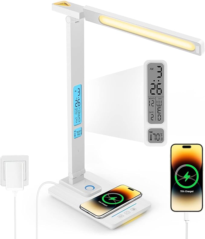 LED Desk Lamp with Wireless Charger: Desk Lamps for Home Office Bedroom, 5 Color Modes & Brightness Dimmable, 2 Night Light-Ruum Studio Home