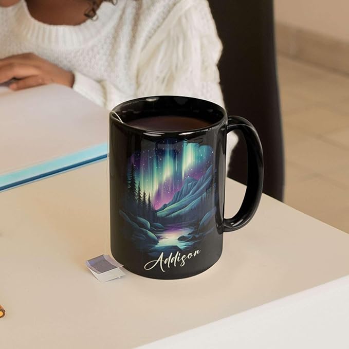 Customized Name Coffee Cup 11oz 15oz, Personalized Northern Lights Landscape Mug, Scenic Mountain And River Black Cup, Custom Northern Lights Inspired Ceramic Mug, Gift For Women-Ruum Studio Home