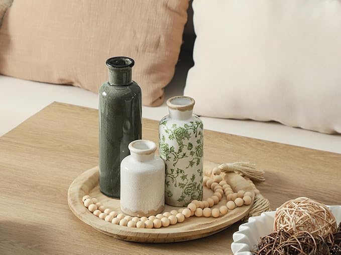 Vintage Vase Set of 3, Ceramic Vintage Flower Vases, Chinoiserie Decorative Home Decor Retro Floral Vase Rustic Farmhouse Decor for Table Bookshelf Mantel Kitchen Living Room Office - Green and Beige-Ruum Studio Home