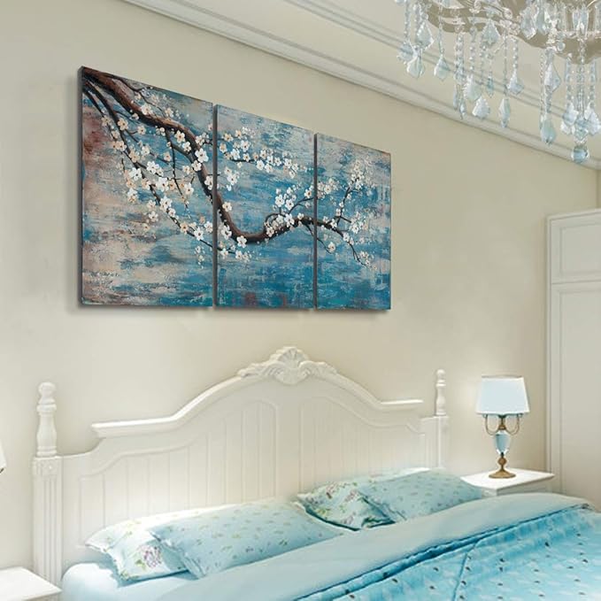 amatop Wall Art for Living Room 100% Hand-Painted Flower Oil Painting On Canvas Gallery Wrapped Large Framed Floral Plum Blossom Tree Teal Blue Artwork for Home Bedroom Decor 48"x24"-Ruum Studio Home