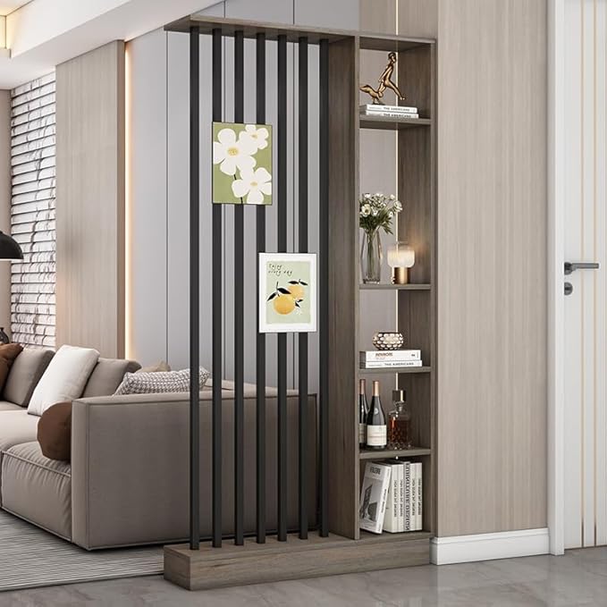 Wall Room Divider, Storage Cabinet Storage Display with Shelves, Modern Freestanding Wood Room Divider Screen, Wall Privacy Screens for Home Decorative (Grey Oak+Black,39.5" L x 9.5" W x 79.5" H)-Ruum Studio Home