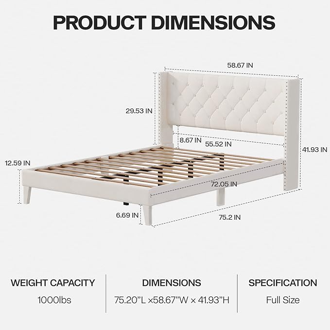 Full Size Bed Frame with Wingback Headboard, Upholstered Platform Bed Frame with Diamond Tufted Headboard & Lights, Wood Slat, Easy Assembly, Noise-Free, No Box Spring Needed, Beige-Ruum Studio Home