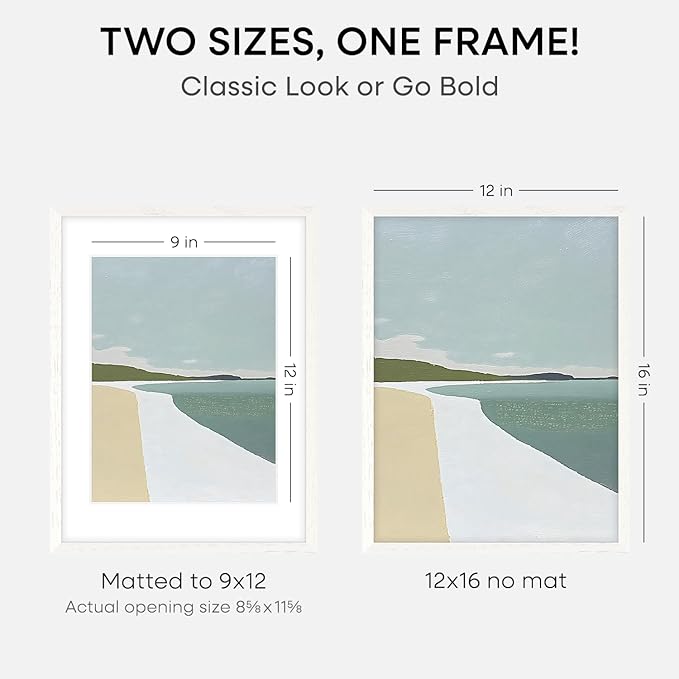 Homeforia 12x16 White Picture Frame, High End Oak 12x16 Wood Poster Frames with Mat 9x12 Print, 12 x 16 White Wooden Frame Matted to 9 by 12 Photo, 16x12 Thin Frame, Tempered Glass, Wall Kit, Set of 1-Ruum Studio Home
