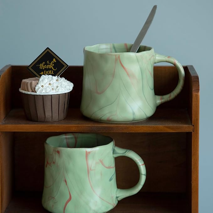 Abstract Art Ceramic Coffee Mugs Set - 2 Pack, Mint Green with Red and White Accents, Handcrafted Design for Modern Kitchen or Office-Ruum Studio Home