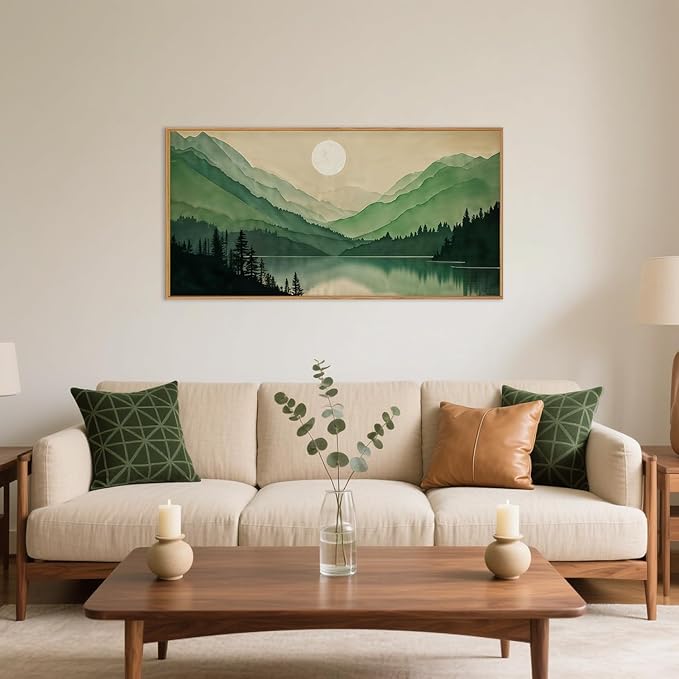 Celestdeco Watercolor Mountain Framed Canvas Wall Art Set, Boho Sun Forest Wall Decor, Green Scenery Wall Painting, Modern Woodland Artworks for Living Room, Bedroom, Dining Room, Office - 20" x40x1-Ruum Studio Home