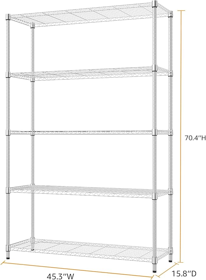 MZG 1750 lbs 5 Tier Storage Rack Metal Wire Shelving Unit, Storage Standing Household Shelf Organizer for Kitchen Pantry Closet Garage Basement Utility Room, Chrome 15.8" D x 45.3" W x 70.4" H-Ruum Studio Home