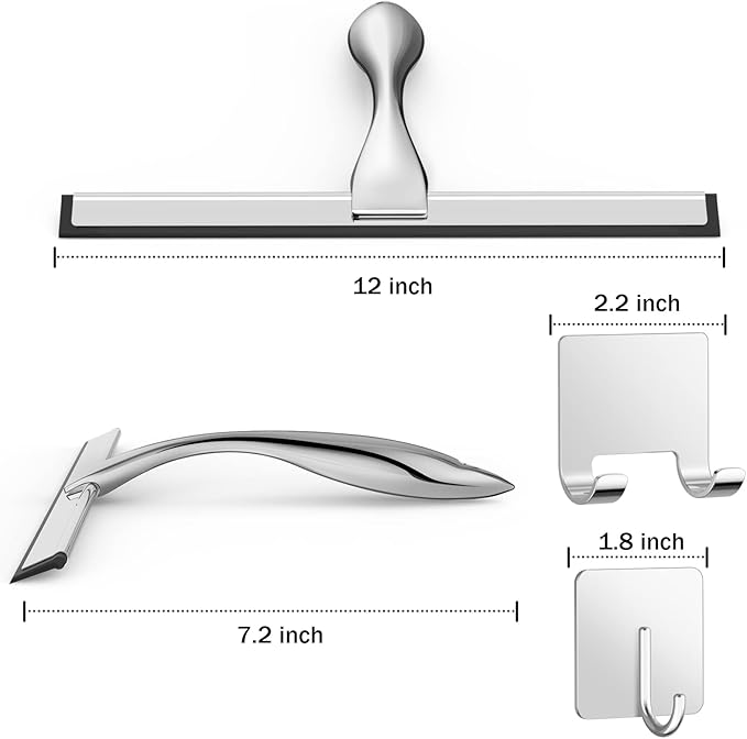All-Purpose Stainless Steel Shower Squeegee for Shower Doors with 2 Adhesive Hooks, Bathroom Cleaner Tool Household Window Mirror Squeegee for Home Cleaning, Glass Door, Tile Wall, Car, 12 Inch Silver-Ruum Studio Home