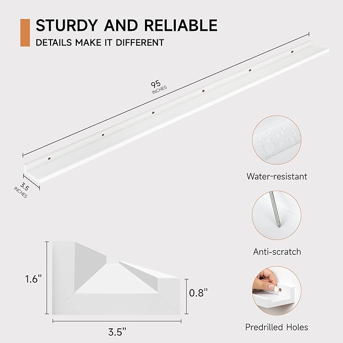 Floating Picture Ledge Shelves for Wall Set of 2, 95 Inches Picture Ledge Shelf with Long Large Nursery Book Shelf for Toys Storage Kids Bookshelf Wall Mounted Living Room Bedroom Decor Frames, White-Ruum Studio Home