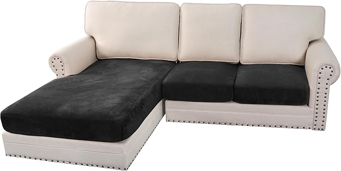 H.VERSAILTEX Velvet Stretch Sectional Couch Covers 3 Pieces Sofa Seat Cushion Covers L Shape Separate Cushion Couch Chaise Cover for Both Left/Right Couch (Large Sofa 2 Seater + 1 Chaise, Black)-Ruum Studio Home