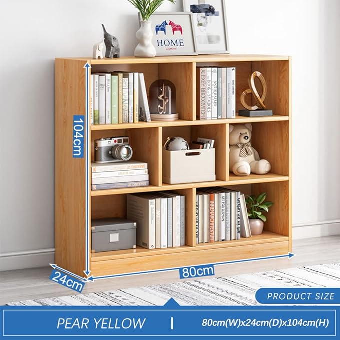 IOTXY Open Shelf Low Bookcase - Wooden 3-Tier Floor Standing Display Cabinet Organizer with Base, 7 Cubes Short Horizontal Bookshelf in Pear Yellow-Ruum Studio Home