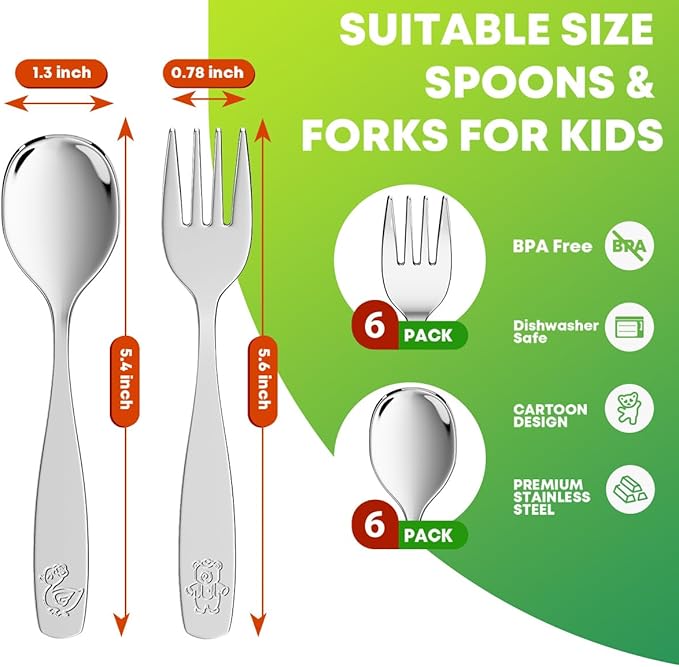 12 Pieces Toddler Utensils, Kids Stainless Steel Silverware Set - 6pcs Forks and 6pcs Spoon, Cute Children Flatware Sets with Mirror Polished, Self Feeding Safe, Dishwasher Safe-Ruum Studio Home