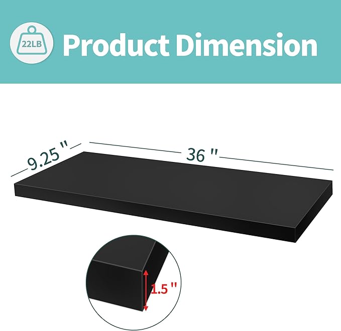 LaVie Home Floating Shelves, 36 Inch Wall Shelf Set of 2, Hanging Shelf with Invisible Brackets, Wall Decor for Bathroom, Bedroom, Living Room, Kitchen Storage, Classic Black-Ruum Studio Home