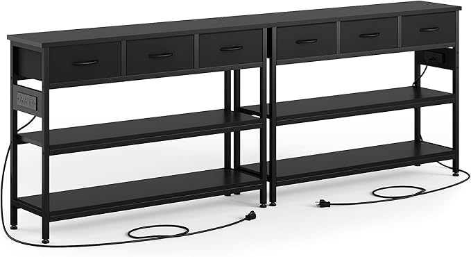 Lulive 2 Pack Entryway Table with Power Outlets, Console Table with 3 Fabric Drawers, Sofa Table for Living Room, Hallway, Couch, Foyer, Height Adjustable-Ruum Studio Home
