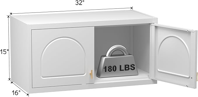 Wall Cabinet with Doors, Small Hanging Cabinet for Kitchen Pantry, Metal Overhead Cabinets for Dining, Living Room, Bathroom, 16" D x 32" W x 15" H, White, Assembly Required-Ruum Studio Home