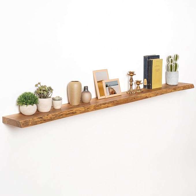 72" Floating Shelves, Live Edge Elm Wood Floating Shelf for Wall, Wall-Mounted Display Shelves with Invisible Heavy-Duty Bracket, Long Floating Shelf for Bathroom, Kitchen, Living Room, Natural Color-Ruum Studio Home