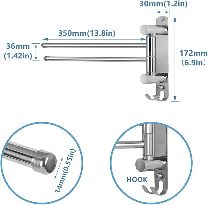 Bathroom Towel Holder JSVER 2 Arms SUS304 Stainless Steel Wall Mounted Towel Bar, Swivel Towel Racks for Bathroom, Kitchen-Ruum Studio Home