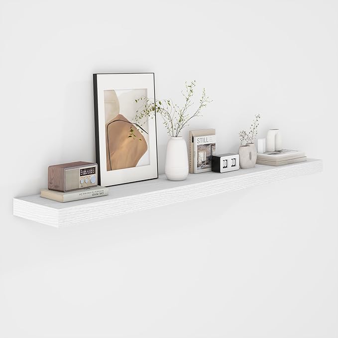 Fun Memories 48 Inch Floating Shelves - Fireplace Mantel Shelf - Deep Wall Mounted Wood Storage Shelf for Bedroom, Kitchen, Farmhouse - 1 Pack, Rustic White-Ruum Studio Home