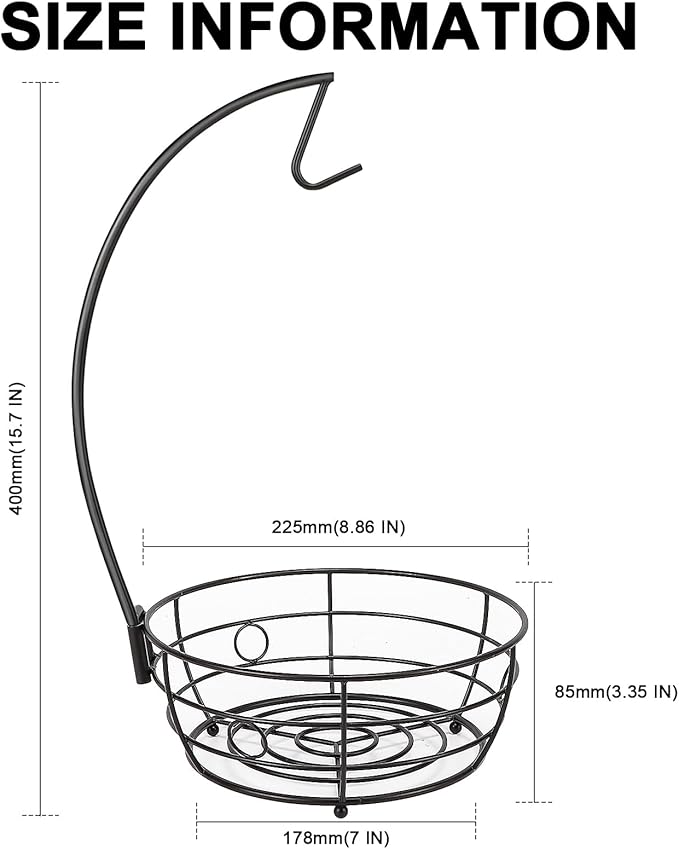 Livabber Countertop Fruit Basket Bowl with Banana Hanger, Modern Standing Fruit Vegetable Bowl Storage, with Banana Tree Holder for Kitchen Dinning Table (Round Metal, Black)-Ruum Studio Home