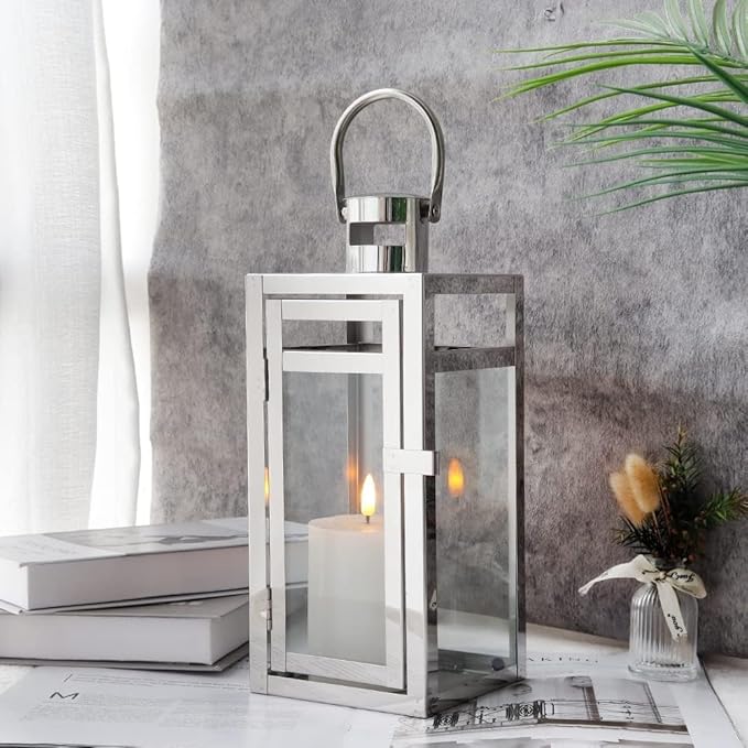 TRIROCKS Set of 2 Stainless Steel Decorative Lantern 12'' High Metal Hanging Lantern with Clear Glass Panels Perfect for Home Decor Living Room Parties Events Tabletop Indoors Outdoors (Silver)-Ruum Studio Home