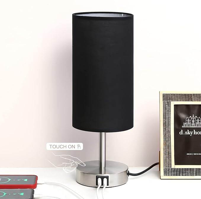 Bedside Lamp with USB Port - Touch Control Table Lamp for Bedroom Wood 3 Way Dimmable Nightstand Lamp with Round Black Shade for Living Room, Dorm, Home Office (LED Bulb Included) (Blacl2)-Ruum Studio Home